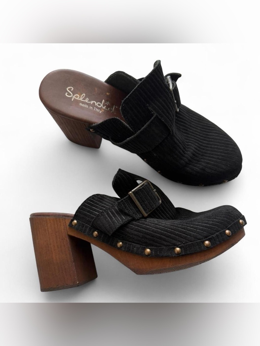 Splendid Made in Italy Black Clogs Platform Corduroy Wood Heel Size 9 Whimsigoth